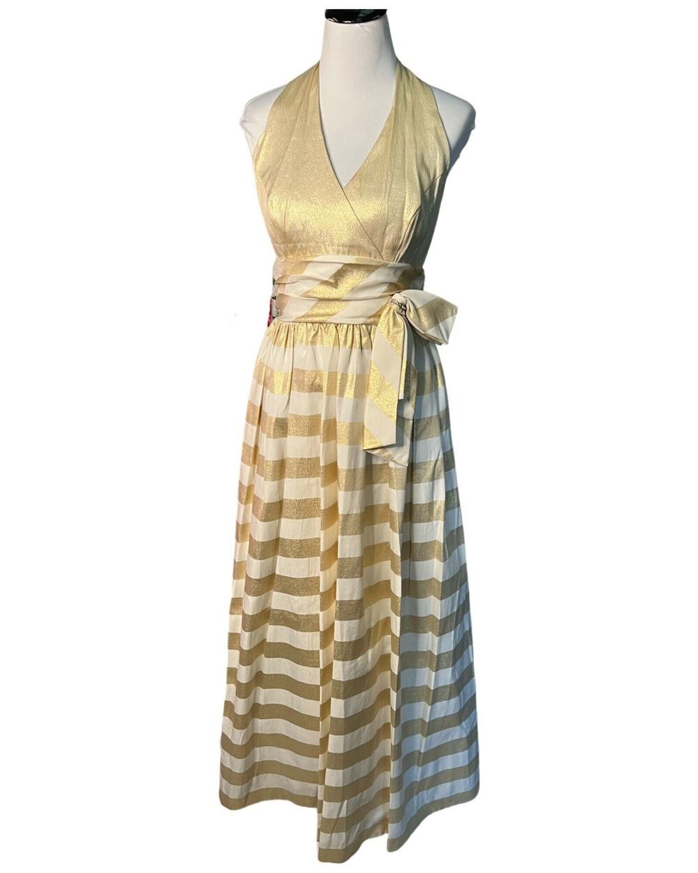 Vintage 1980s Gold Metallic Striped Niki Originals Halter Gown Medium